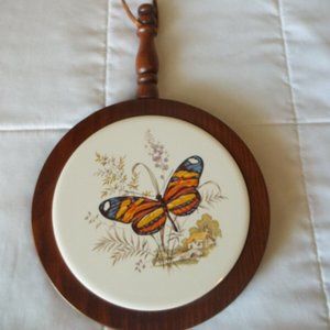 Vintage Trivet Ceramic & Wood Butterfly Handle 1970's Leather Loop RARE T11